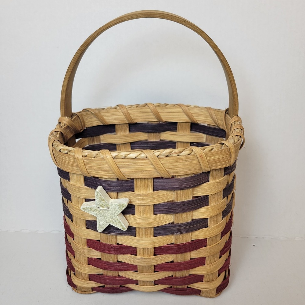 Vintage Handwoven Patriotic Americana Small Flag Basket Red Blue Star Handle USA
